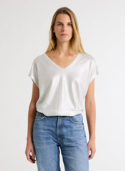 Camiseta plateada de manga corta y cuello en V Lino / Elastano - MAJESTIC FILATURES