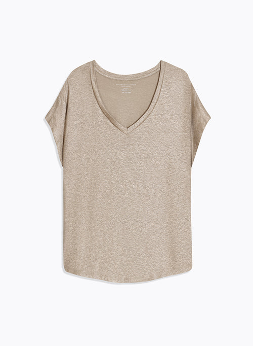 Beigefarbenes Kurzarm-T-Shirt aus Leinen / Elasthan mit V-Ausschnitt - MAJESTIC FILATURES