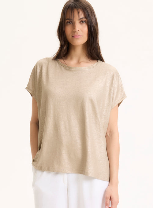 Beige Linen / Elastane Sleeveless Crew Neck T-Shirt - MAJESTIC FILATURES