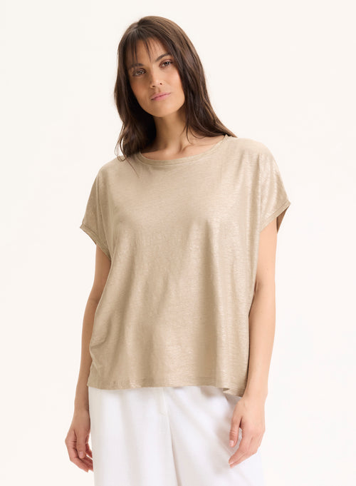 Beige Linen / Elastane Sleeveless Crew Neck T-Shirt - MAJESTIC FILATURES