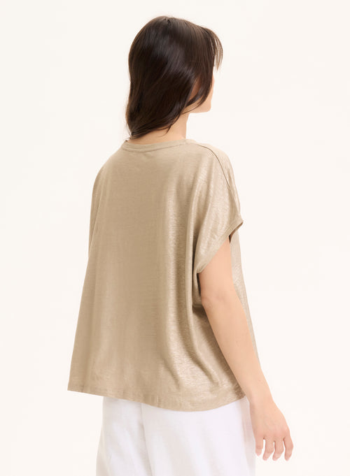 Beige Linen / Elastane Sleeveless Crew Neck T-Shirt - MAJESTIC FILATURES
