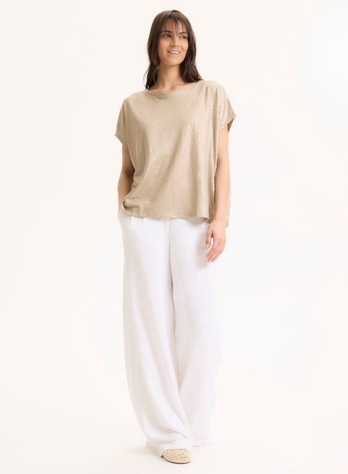 Beige Linen / Elastane Sleeveless Crew Neck T-Shirt - MAJESTIC FILATURES
