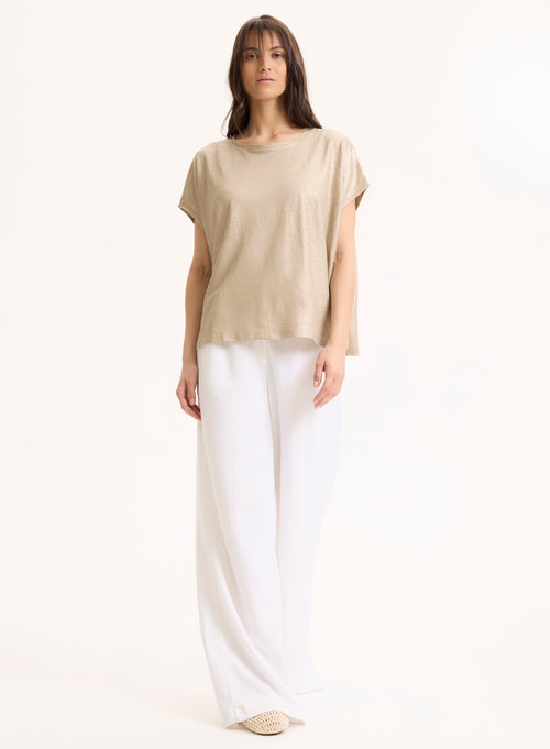 Beige Linen / Elastane Sleeveless Crew Neck T-Shirt - MAJESTIC FILATURES