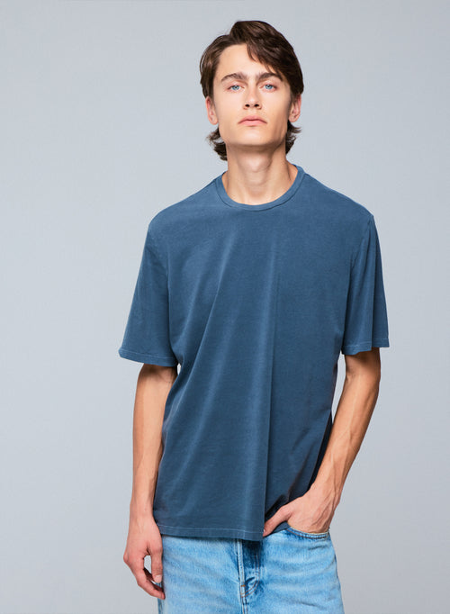 Blue Round Neck Short Sleeve T-shirt in Organic Cotton / Elastane - MAJESTIC FILATURES
