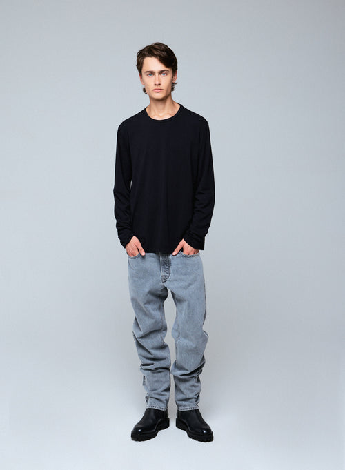 Black Henry Long Sleeve Crew Neck Organic Cotton T-Shirt - MAJESTIC FILATURES