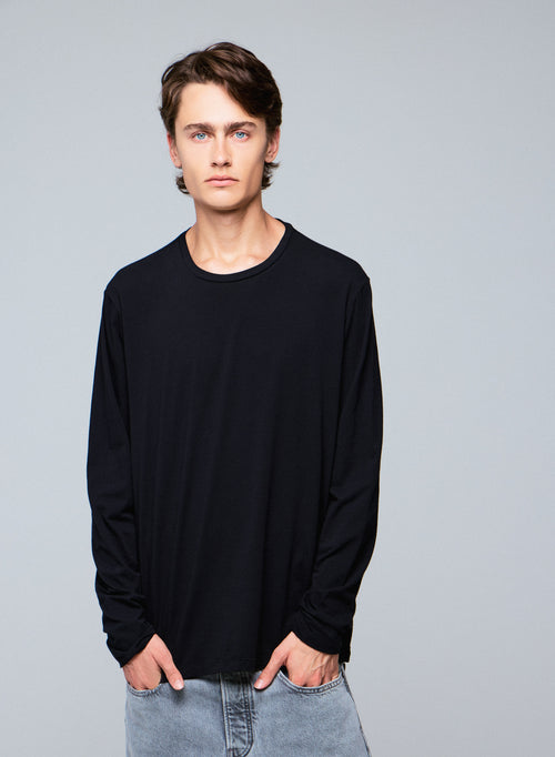 Black Henry Long Sleeve Crew Neck Organic Cotton T-Shirt - MAJESTIC FILATURES