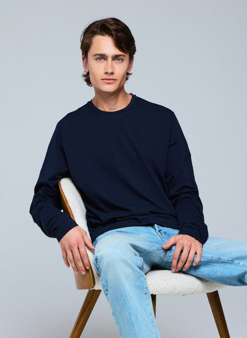 T-shirt Marine Henry Col Rond Manches Longues en Coton organique et Elasthanne - MAJESTIC FILATURES