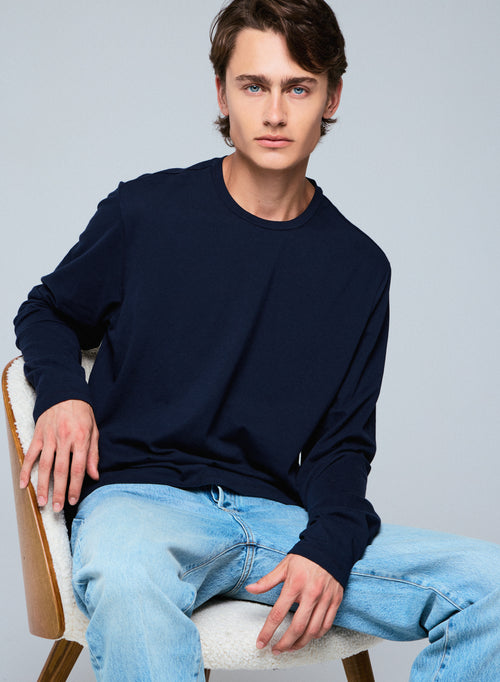 T-shirt Marine Henry Col Rond Manches Longues en Coton organique et Elasthanne - MAJESTIC FILATURES