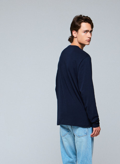T-shirt Marine Henry Col Rond Manches Longues en Coton organique et Elasthanne - MAJESTIC FILATURES