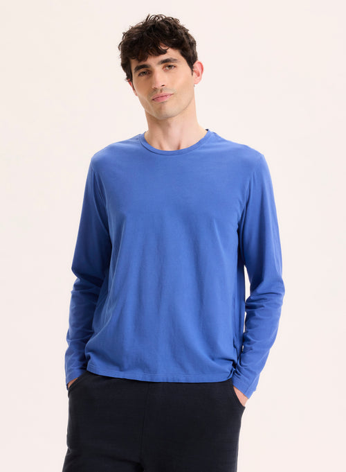 Blaues T-Shirt mit Rundhalsausschnitt und langen Ärmeln aus organischer Baumwolle - MAJESTIC FILATURES