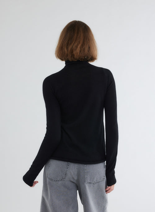 T-shirt Noir Col Roulé Manches Mitaines en 100% Cachemire - MAJESTIC FILATURES