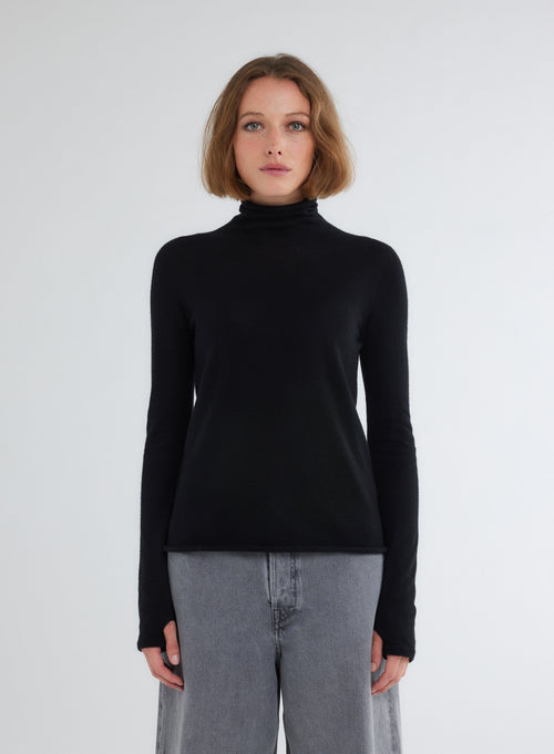 T-shirt Noir Col Roulé Manches Mitaines en 100% Cachemire - MAJESTIC FILATURES