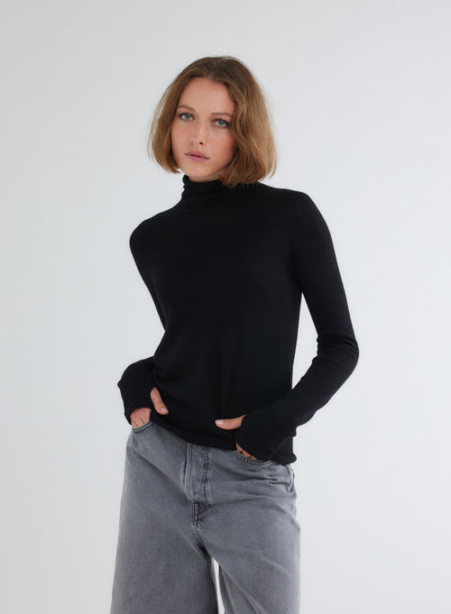 T-shirt Noir Col Roulé Manches Mitaines en 100% Cachemire - MAJESTIC FILATURES