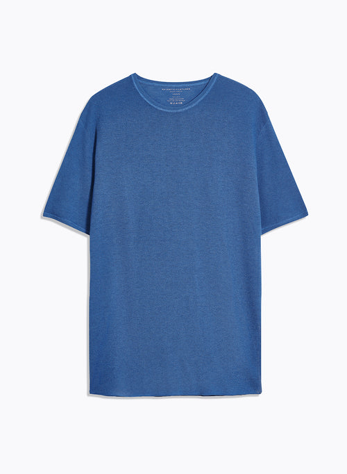 Blue Round Neck Short Sleeve Cashmere T-Shirt - MAJESTIC FILATURES