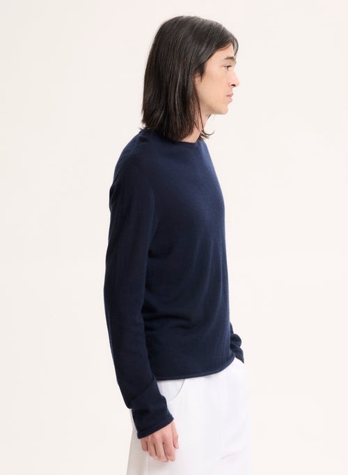 Marineblaues langärmeliges Kaschmir-T-Shirt mit Rundhalsausschnitt - MAJESTIC FILATURES
