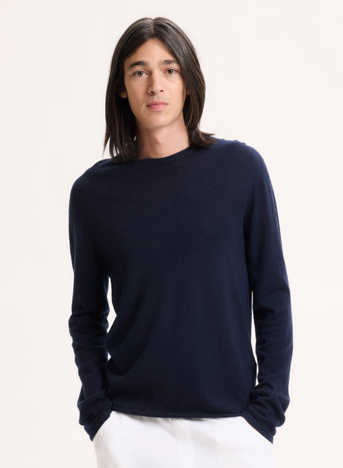 Marineblaues langärmeliges Kaschmir-T-Shirt mit Rundhalsausschnitt - MAJESTIC FILATURES