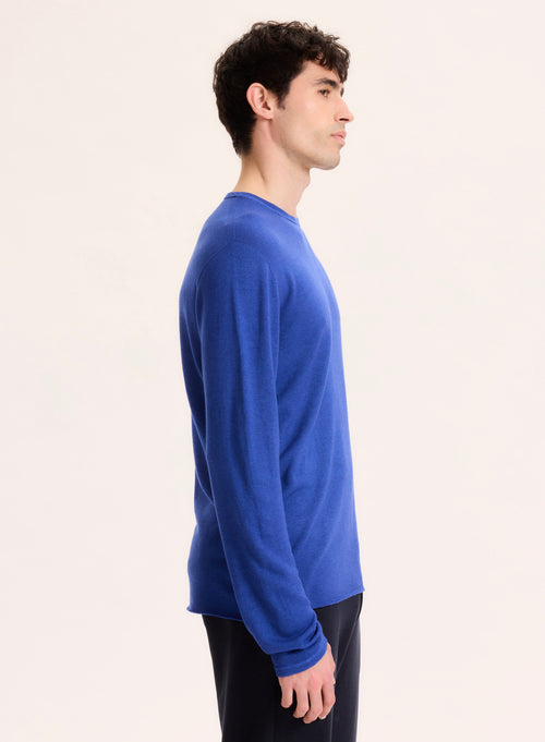 Blue Round Neck Long Sleeve Cashmere T-Shirt - MAJESTIC FILATURES
