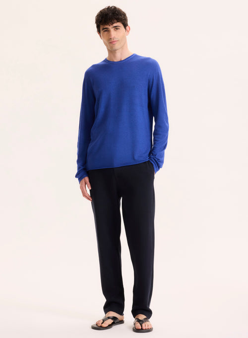 Blue Round Neck Long Sleeve Cashmere T-Shirt - MAJESTIC FILATURES