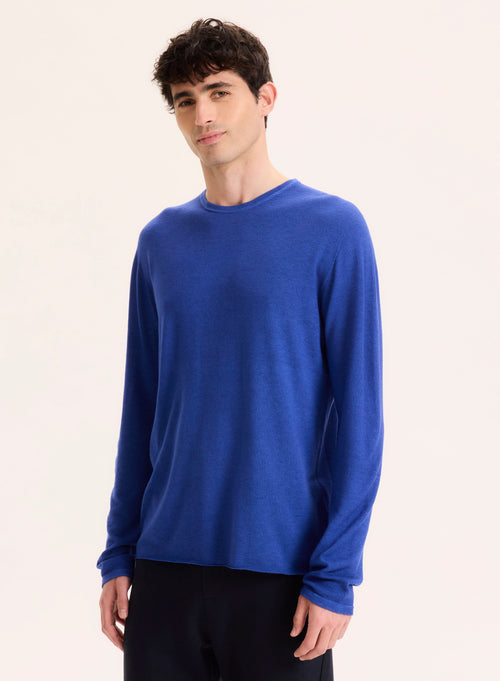 Blue Round Neck Long Sleeve Cashmere T-Shirt - MAJESTIC FILATURES