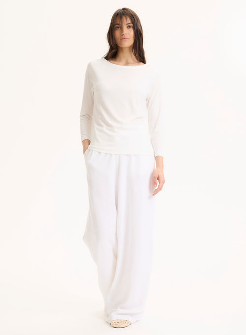 White Boat Neck T-shirt with Three-Quarter Sleeves - MAJESTIC FILATURES