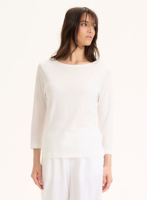 White Boat Neck T-shirt with Three-Quarter Sleeves - MAJESTIC FILATURES