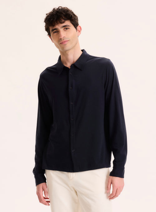 Navy Collar Long Sleeve Shirt Lyocell / Organic Cotton - MAJESTIC FILATURES