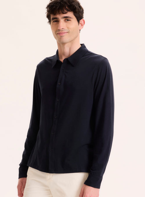 Navy Collar Long Sleeve Shirt Lyocell / Organic Cotton - MAJESTIC FILATURES