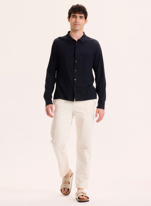 Navy Collar Long Sleeve Shirt Lyocell / Organic Cotton - MAJESTIC FILATURES