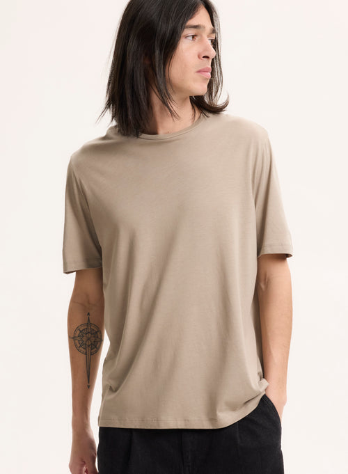 Beige T-shirt Round Neck Short Sleeve - MAJESTIC FILATURES