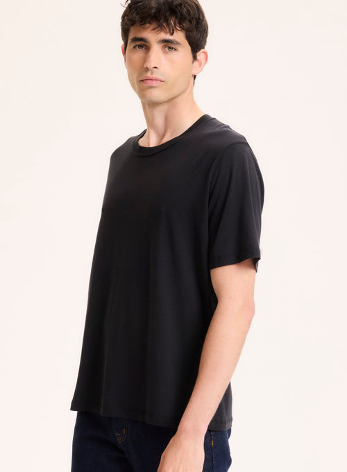 Schwarzes T-Shirt mit Rundhalsausschnitt und kurzen Ärmeln aus Lyocell / Tencel / organischer Baumwolle - MAJESTIC FILATURES