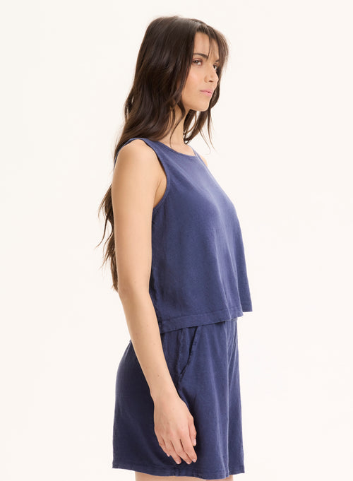 Camiseta de tirantes con cuello redondo de lino azul©/ elastano - MAJESTIC FILATURES