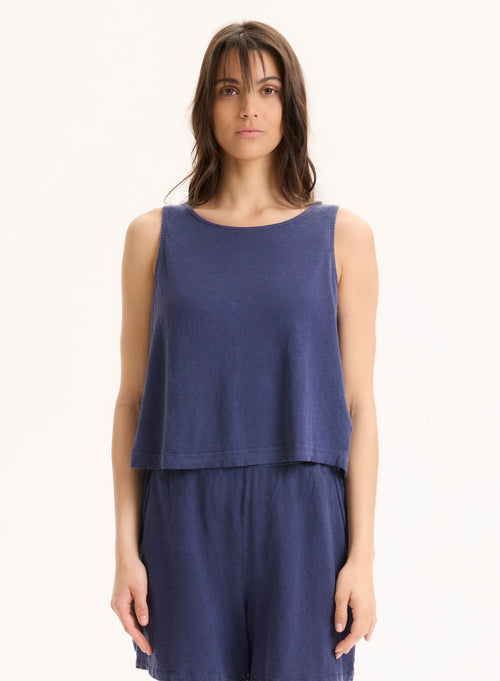 Camiseta de tirantes con cuello redondo de lino azul©/ elastano - MAJESTIC FILATURES