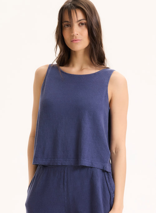Camiseta de tirantes con cuello redondo de lino azul©/ elastano - MAJESTIC FILATURES
