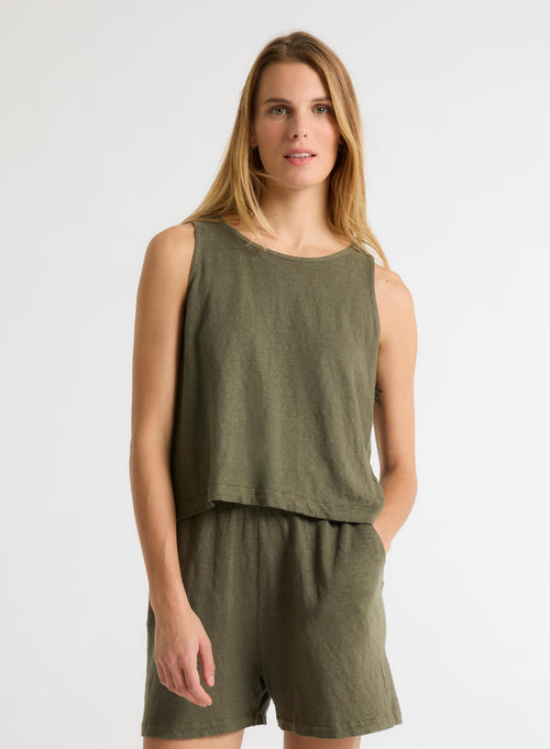 Camiseta de tirantes con cuello redondo de lino verde©/ elastano - MAJESTIC FILATURES