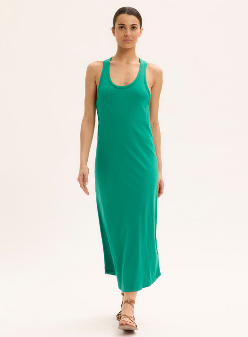 Green U-neck Sleeveless Dress in Organic Cotton - MAJESTIC FILATURES