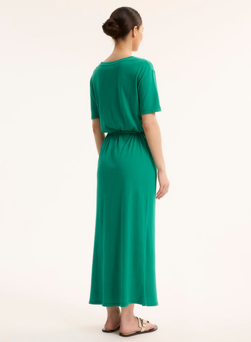 Green V-neck short-sleeved dress in organic cotton - MAJESTIC FILATURES