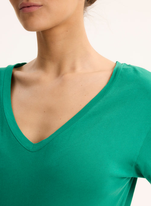 Green V-neck short-sleeved dress in organic cotton - MAJESTIC FILATURES