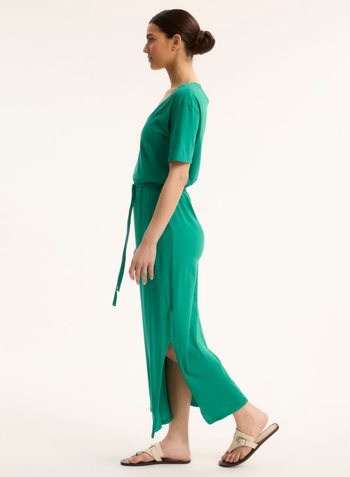 Green V-neck short-sleeved dress in organic cotton - MAJESTIC FILATURES