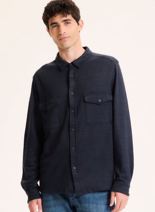Navy Collar Long Sleeve Shirt Linen / Organic Cotton - MAJESTIC FILATURES