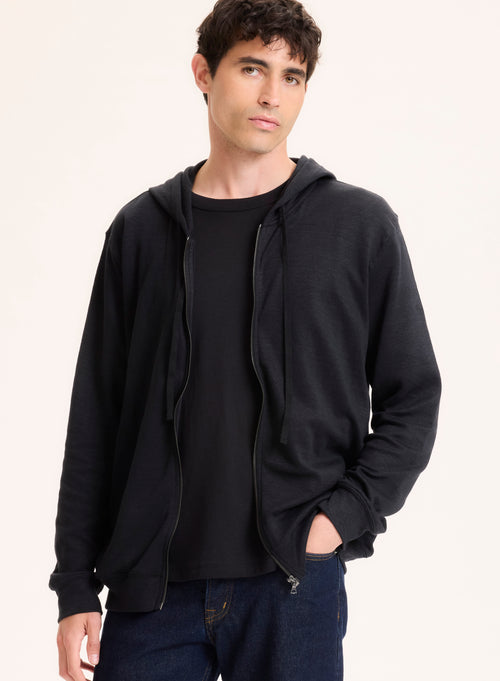 Gilet Noir Col Capuche Manches Longues en Lin / Coton organique - MAJESTIC FILATURES