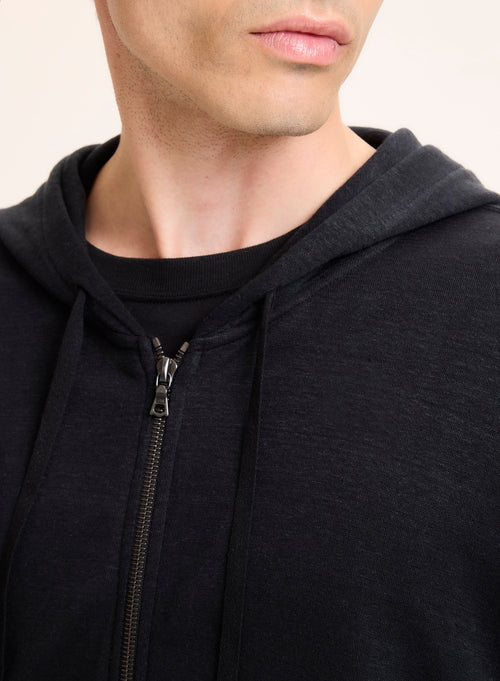 Gilet Noir Col Capuche Manches Longues en Lin / Coton organique - MAJESTIC FILATURES