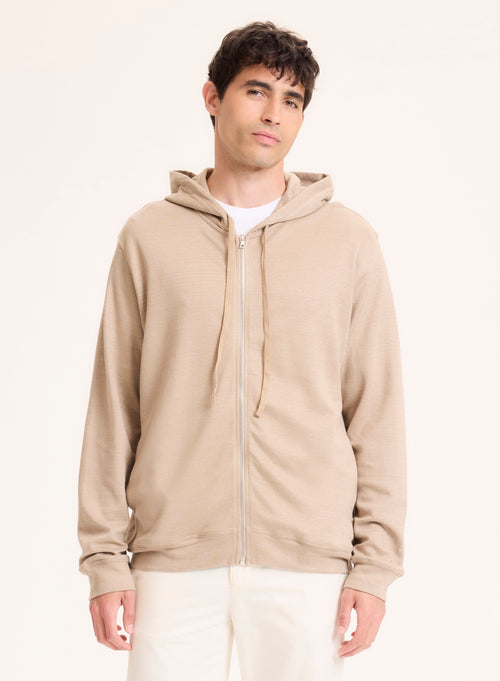 Cárdigan beige con cuello de manga larga con capucha en lino / algodón orgánico - MAJESTIC FILATURES