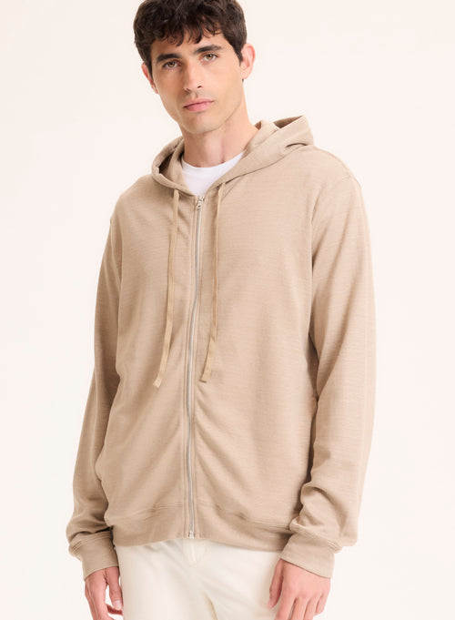 Cárdigan beige con cuello de manga larga con capucha en lino / algodón orgánico - MAJESTIC FILATURES
