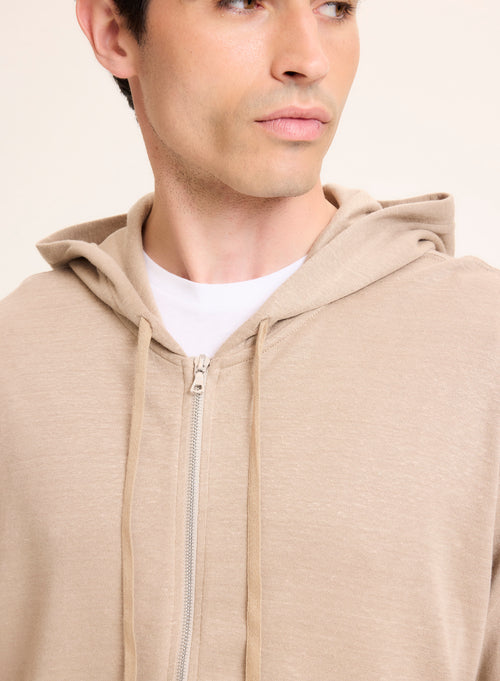 Cárdigan beige con cuello de manga larga con capucha en lino / algodón orgánico - MAJESTIC FILATURES