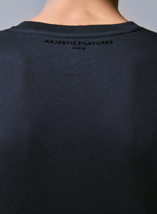 Marineblaues T-Shirt mit Rundhalsausschnitt und langen Ärmeln aus Bio-Baumwolle - MAJESTIC FILATURES