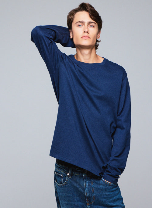 Blaues Langarm-T-Shirt mit Rundhalsausschnitt aus Bio-Baumwolle - MAJESTIC FILATURES