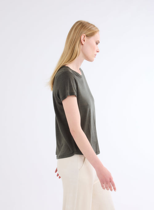 Camiseta Caqui Cuello Redondo Manga Corta en Lana y Lyocell - MAJESTIC FILATURES