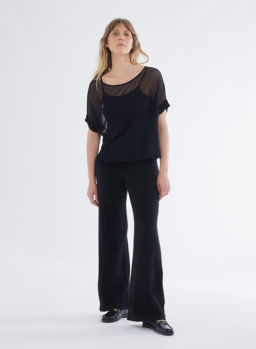 T-shirt Maille Ajourée Noir Col Rond Manches Courtes en Micro Modal et Cachemire - MAJESTIC FILATURES