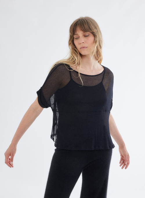 T-shirt Maille Ajourée Noir Col Rond Manches Courtes en Micro Modal et Cachemire - MAJESTIC FILATURES