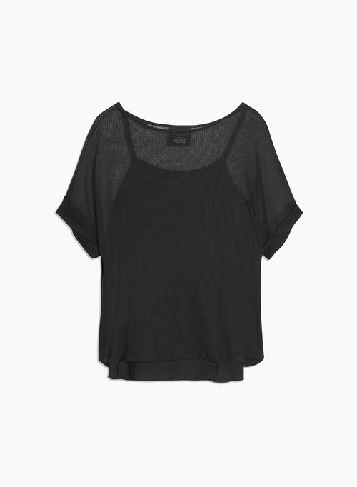 T-shirt Maille Ajourée Noir Col Rond Manches Courtes en Micro Modal et Cachemire - MAJESTIC FILATURES
